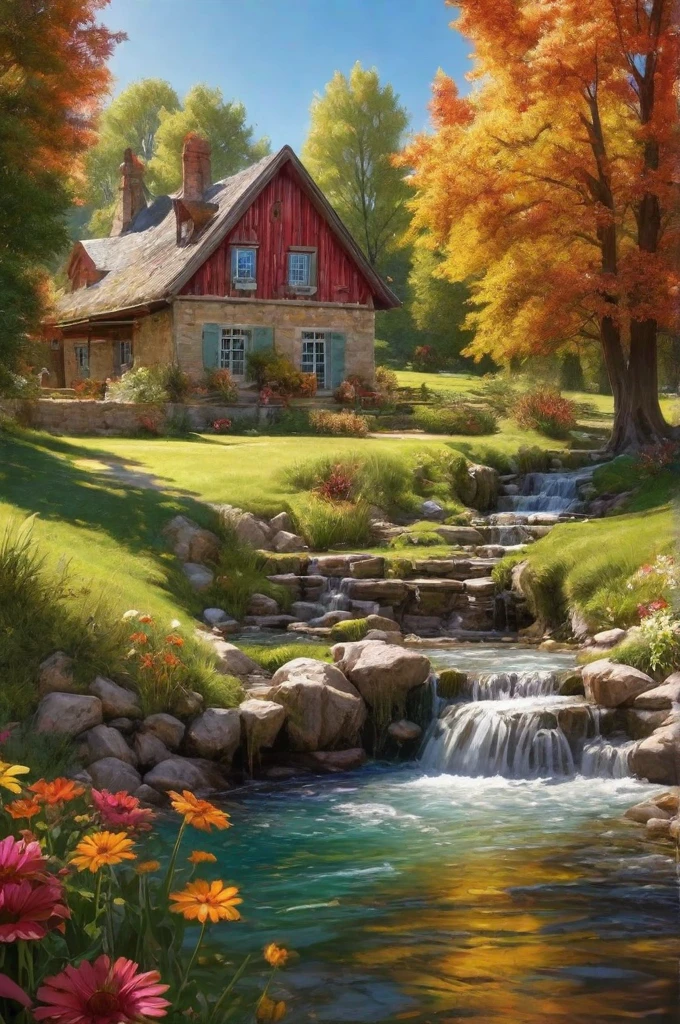 an idyllically tranquil rural scene, the vibrant colors of a sunny day, hyper realistic, volumetric light, an impressive masterpiece, fine details, (masterpiece:1.2), best quality