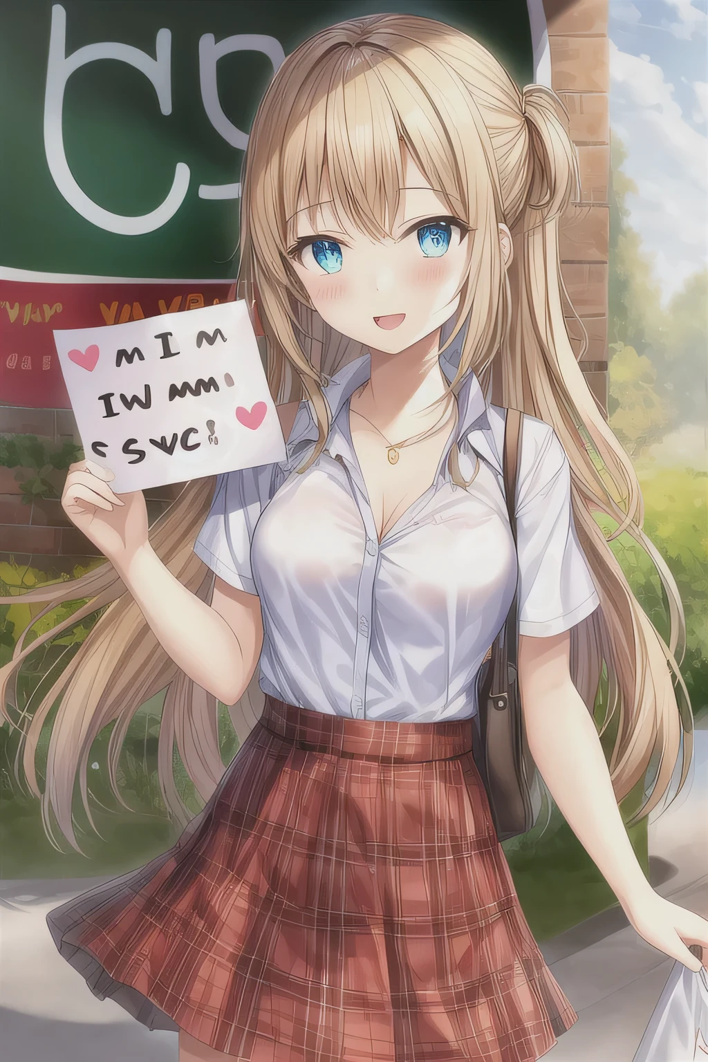 A cute girl is holding a sign that says 'I am very cute'.