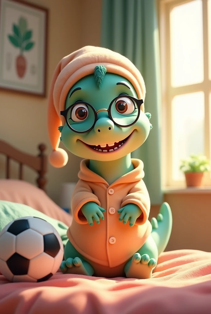 Create an animated dinosaur in pajamas and a sleep cap, plus glasses, that reflects happiness, love, Additionally, decorate the room with scientific posters and place a soccer ball on the bed..