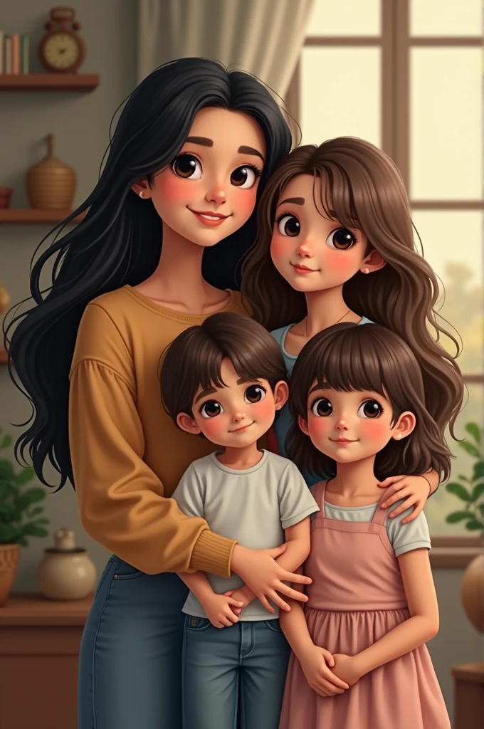 Mom with long, straight black hair and a teenage daughter with long, wavy brown hair, a four-year-old son with short, straight black hair and a one-year-old daughter with curly brown hair