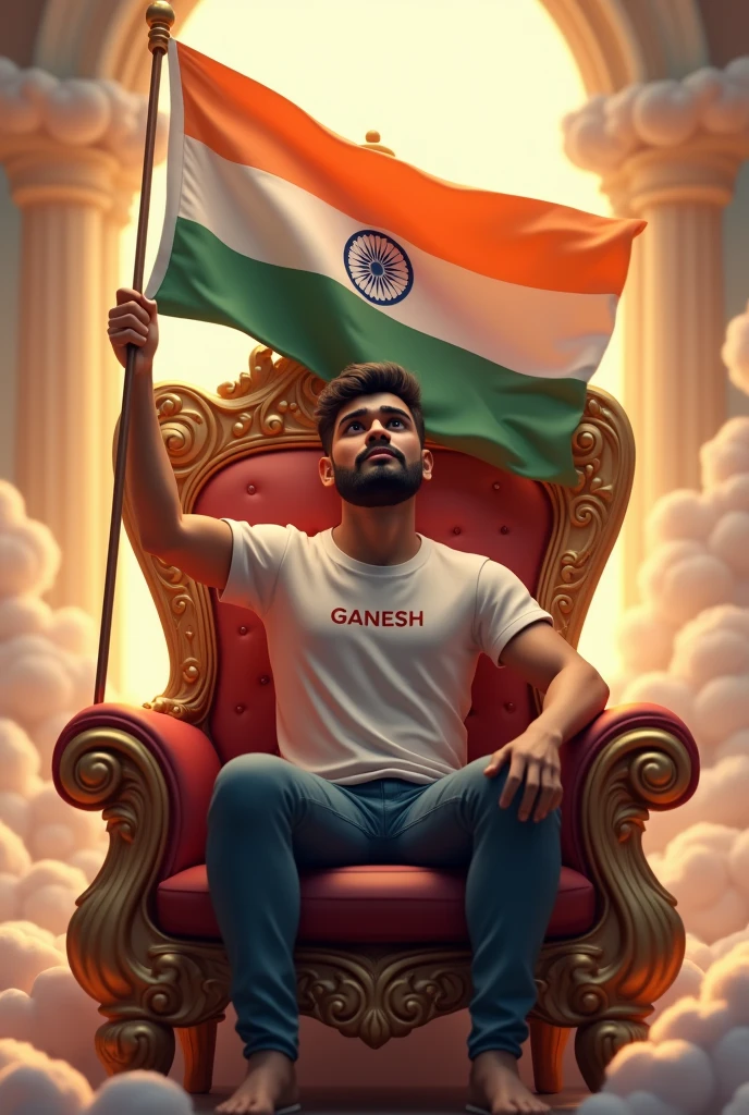 create a 3D illustration of a 30 year old man sitting on a kings chair and has Indian flag in his hands and Name 'GANESH' is written on the boy's t-shirts , image features with Divine background.