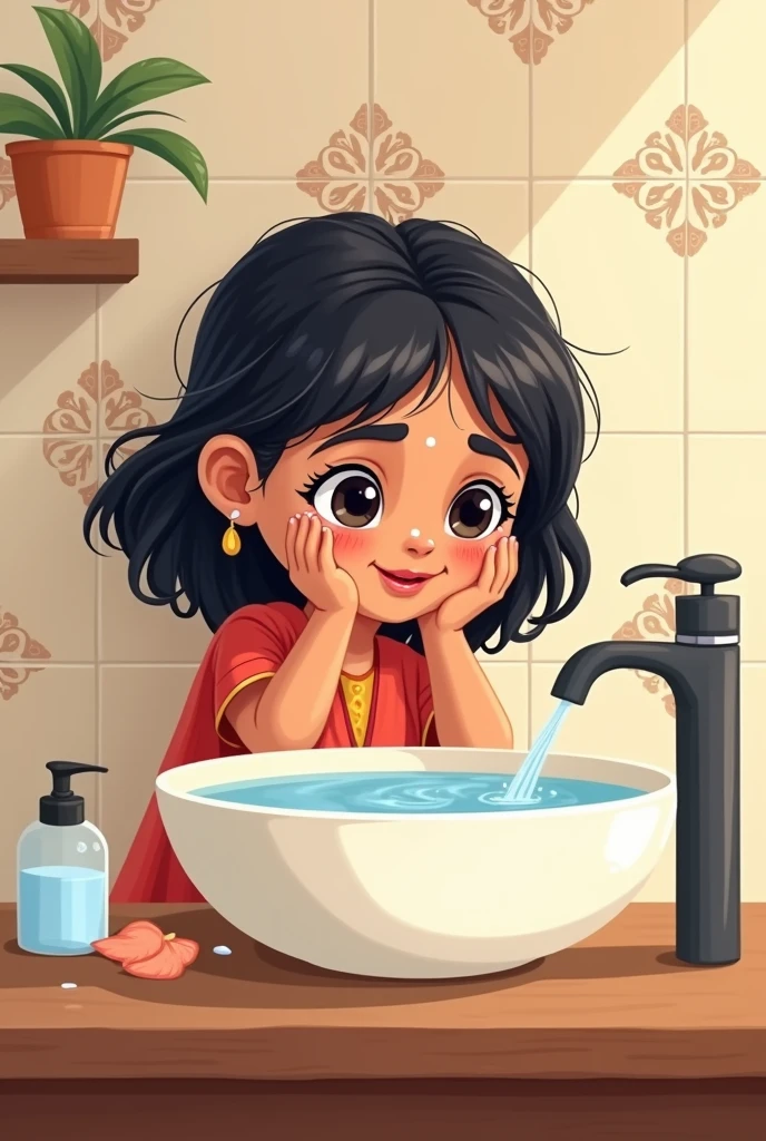 Indian girl cartoon washing face in wash besin