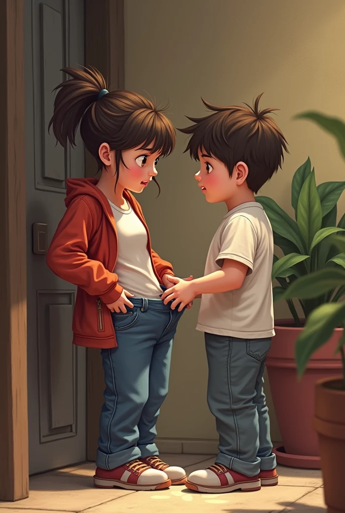 girl pulls down boy's pants and puts her hand in his pocket and feels good