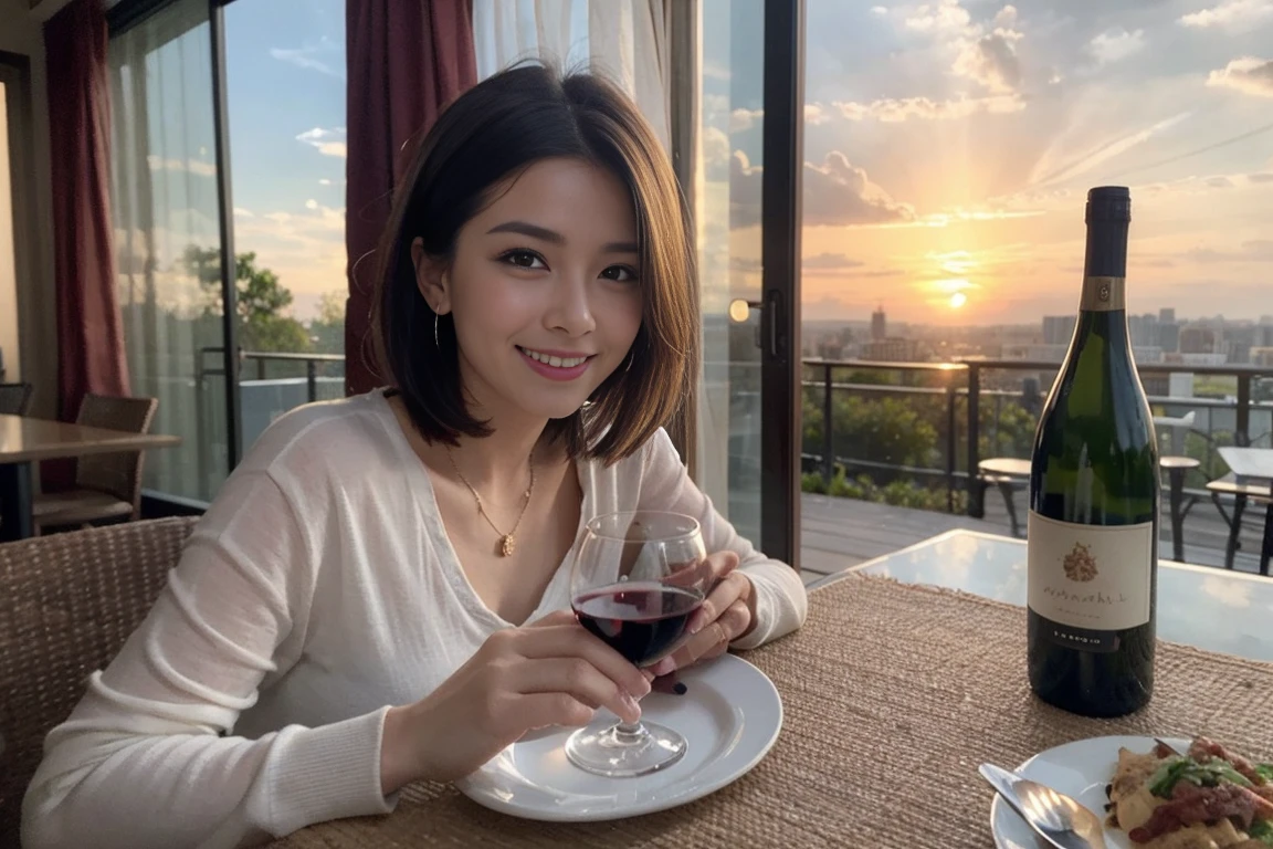 （Realistic:1.1）,(masterpiece,Highest quality)，8k,(49 years old), 50 years old, slimカップル、Tight waist,Upper Body,full-course dinner、wine 、Amazing view of the sunset sky and clouds、Perfect Anatomy, Brown Hair, short hair,Random Hairstyles,((Highly detailed face and eyes:1.2))，Perfect golden ratio face，Long sleeve shirt、dress,(smile:1.2)、Shortcuts、cute、(Realistic, Intricate details:1.2), A bright smile、short hair,Bright Face、赤wine 、Appetizers、Italian food、wine bottle、Champagne、スパークリングwine、(slimな顔), (The body is slim), (Brown Hair), (Shortcuts),  Upper Body, 白wine, slim, wineグラス, 