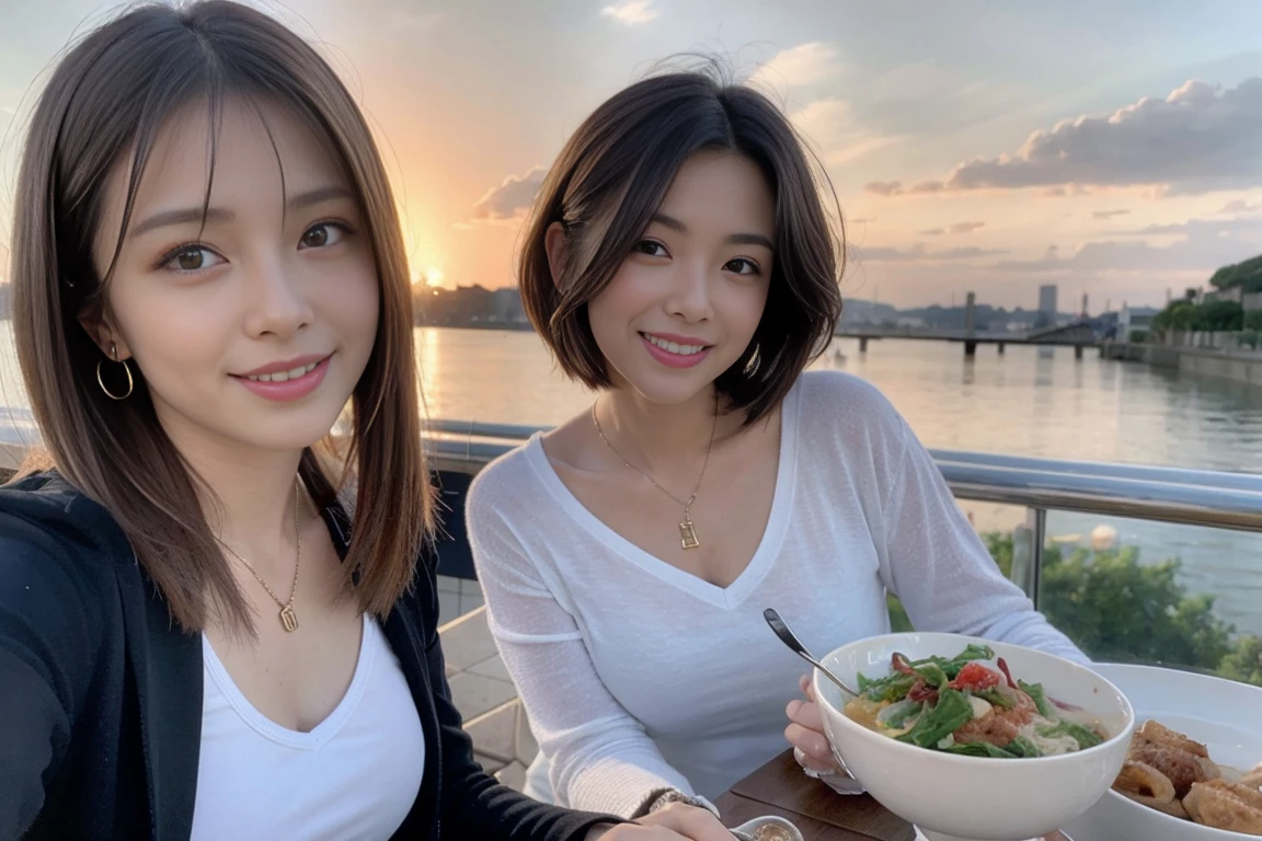 （Realistic:1.1）,(masterpiece,Highest quality)，8k,(49 years old), 53 years old, ベリーslimボディ、slimカップル、Tight waist,Upper Body,full-course dinner、wine 、Amazing view of the sunset sky and clouds、Perfect Anatomy, Brown Hair, short hair,Random Hairstyles,((Highly detailed face and eyes:1.2))，Perfect golden ratio face，Long sleeve shirt、dress,(smile:1.2)、Shortcuts、cute、(Realistic, Intricate details:1.2), A bright smile、short hair,Bright Face、赤wine 、Appetizers、Italian food、wine bottle、Champagne、スパークリングwine、(slimな顔), (The body is slim), (Brown Hair), (Shortcuts),  Upper Body, 白wine, slim, wineグラス, 