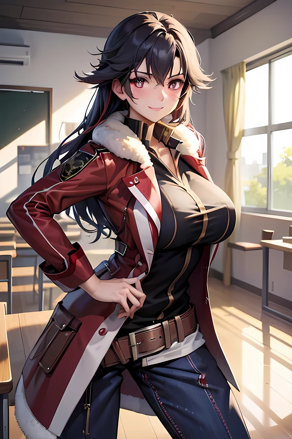 masterpiece, mischievous smile, light blush, looking at viewer, huge breasts, sexy pose, female rean schwarzer, long hair, red coat, fur trim, black shirt, brown belt, blue pants, nipples, detailed white classroom in the background