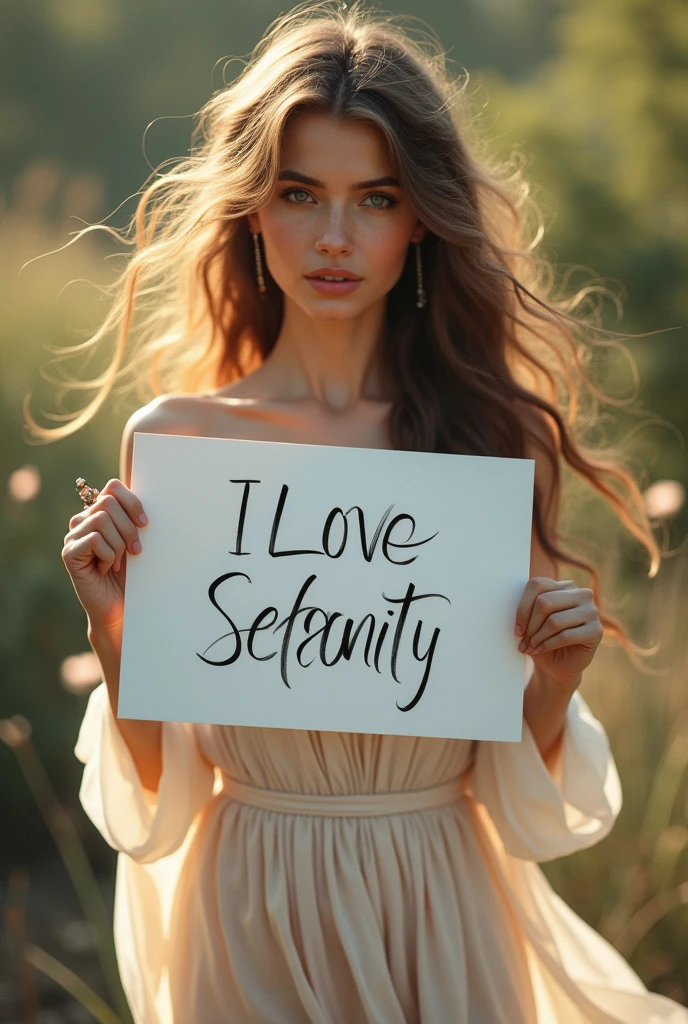Beautiful girl with wavy long hair, bohemian dress, holding a white board with text "I Love Seaart Infinity" and showing it to the viewer