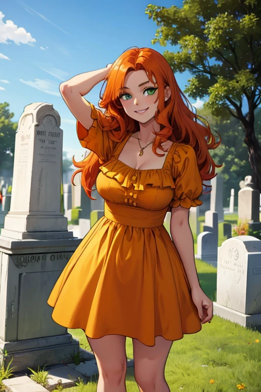 Perfect face. Perfect hands. An orange haired woman with green eyes and an hourglass figure in a cute yellow dress is leaning forward while smiling in a cemetery