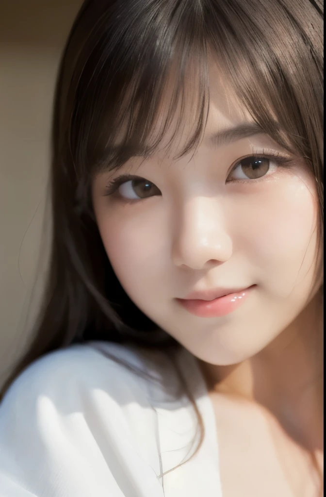 best quality, face focus, soft light, ultra high res, (photorealistic:1.4), RAW photo,(Shinozaki Ai), white skin, kawaii, 1 Japanese girl, solo, cute, (smile), (pupil, lights in the eyes),  detailed beautiful face, Medium-sized breasts,(high resolution detail of human skin texture),(long hair),(portrait), upper body, white traditional kimono