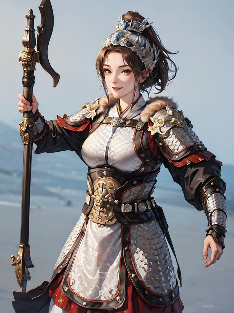 (no background:1.4), (cowboy shot), best quality, masterpiece, Solo, detailed beautiful girl, ancient Chinese armor, large breasts, (silver armor), (white cloth), short hair, brown hair, fascinator, helmet, smile, cheerful, holding sword, fur