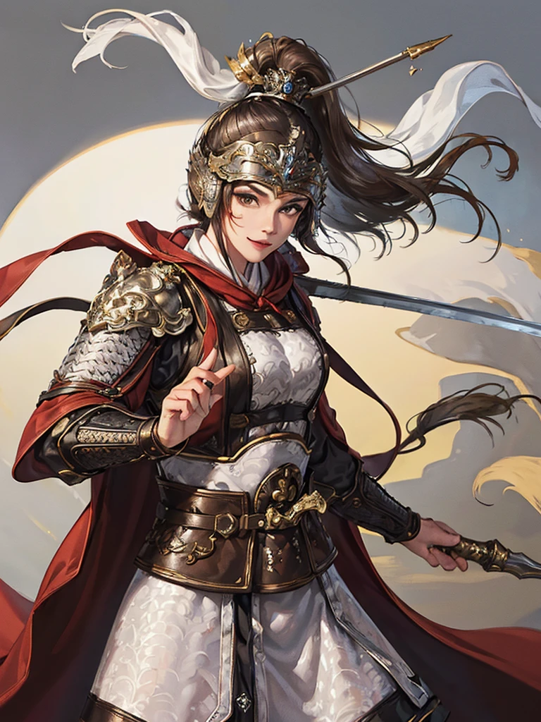 (no background:1.4), (cowboy shot), best quality, masterpiece, Solo, detailed beautiful girl, ancient Chinese armor, large breasts, (silver armor), (white cloth), short hair, brown hair, fascinator, helmet, smile, cheerful, holding sword, fur