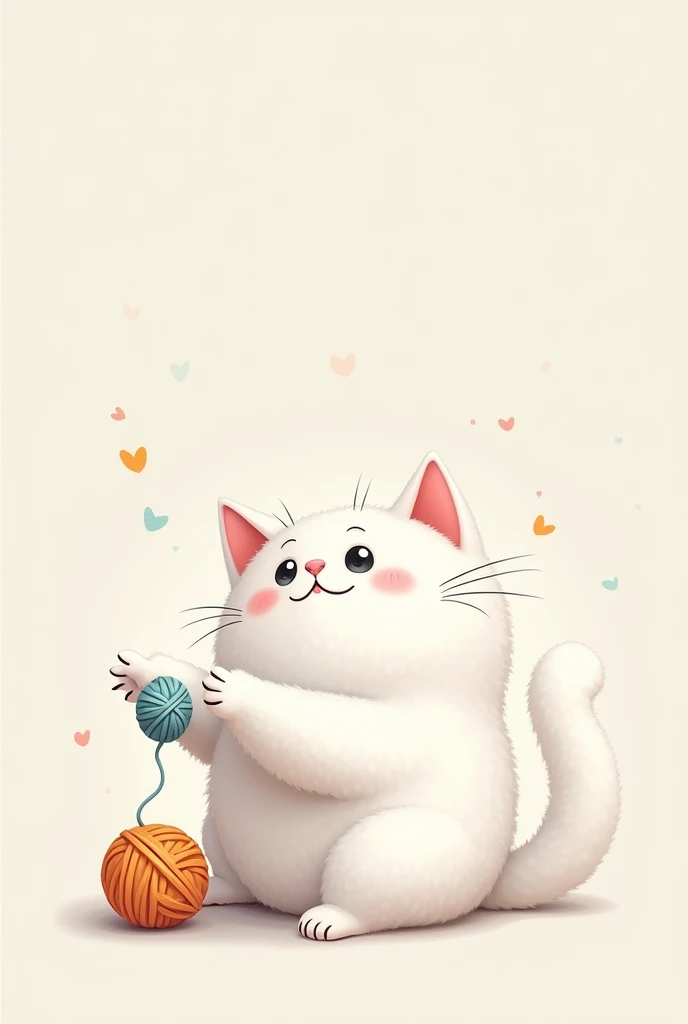 Create a book cover about cats. The picture should show a white fluffy cat, which plays with a ball