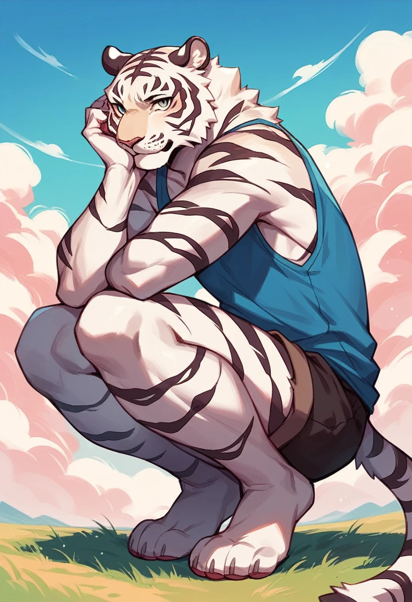 Anthropomorphic cartoon white tiger in the style of the 1940s, Wearing black short shorts, sky blue tank top, sitting with legs open, squatting posture, blue sky pink clouds, in front of the viewer, Body facing forward