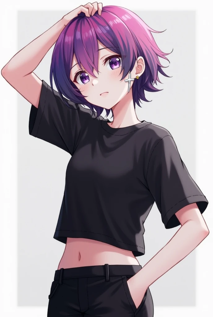 Boy with short pink, purple and black hair .She has a silver cross earring, is wearing a black shirt, and has one hand on her head and the other on her waist. She has fair skin and wears black pants. One eye is purple and the other is blue. She's an anime character..