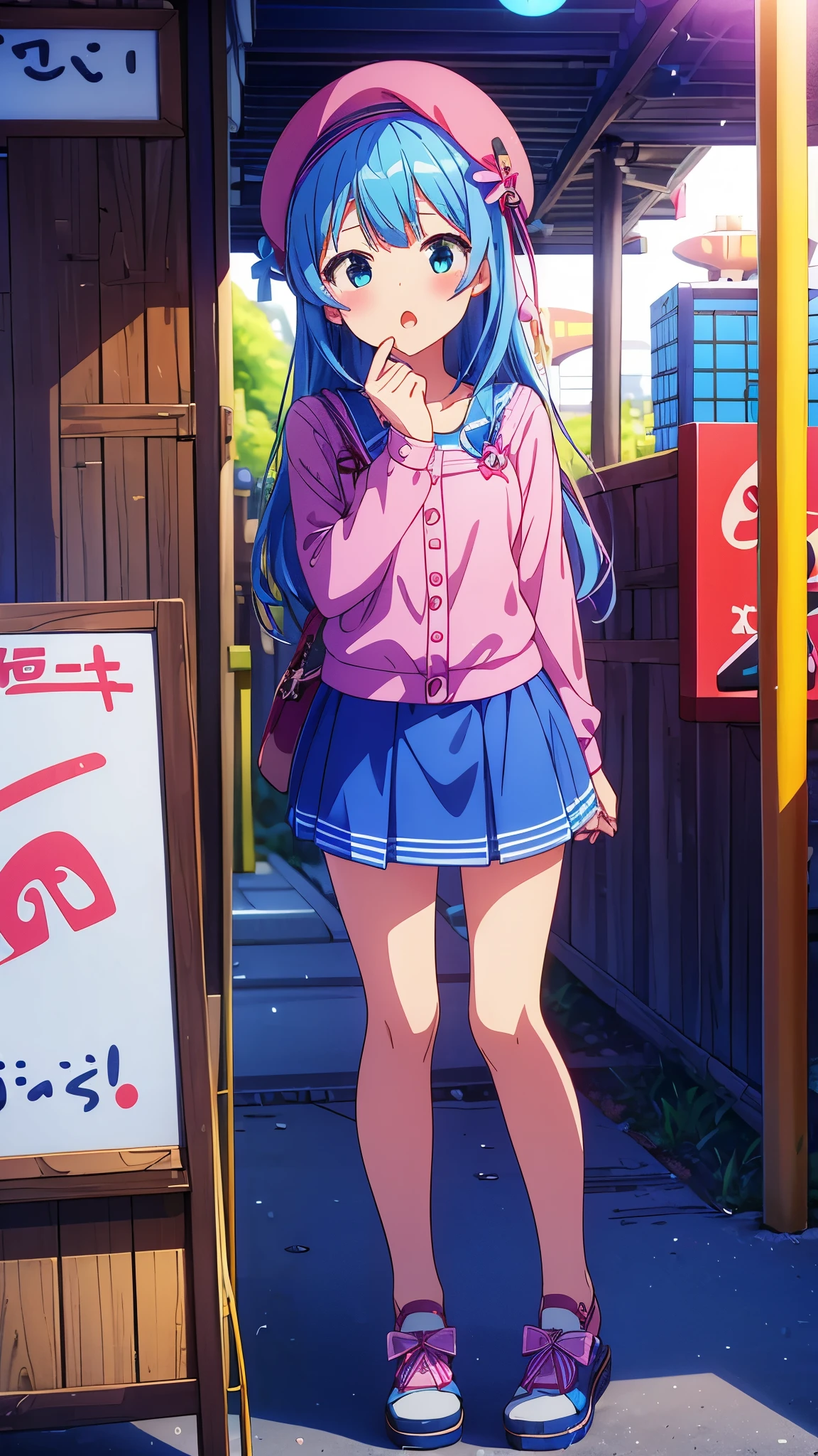 One girl only girl masterpiece、Superior image quality、超High resolution、blue hairs、blush、mock、Open your mouth a little、casual clothes、casual miniskirt、Wearing a small beret、japanese amusement park