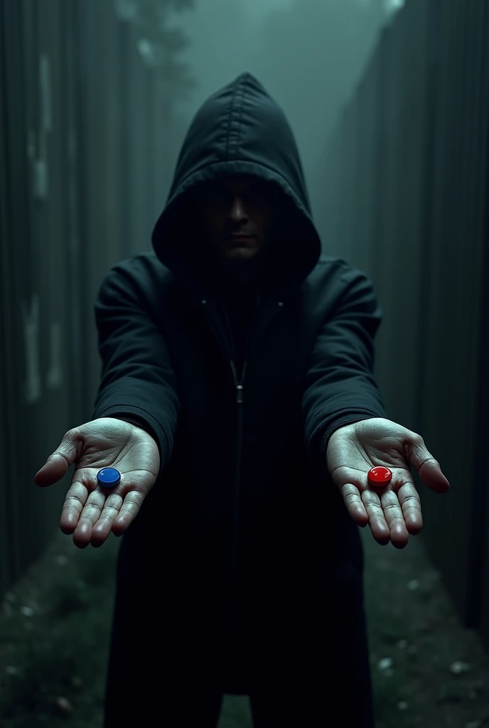 dark character, holding just two pills , the blue pill in the left hand, and the red one in the right hand , one in each hand and with open arms on a dark background
