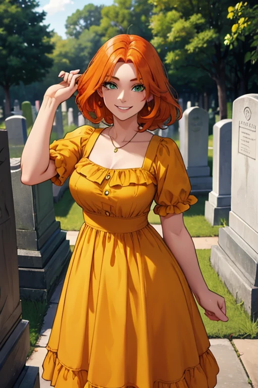 Perfect face. Perfect hands. An orange haired woman with green eyes and an hourglass figure in a cute yellow dress is leaning forward while smiling in a cemetery