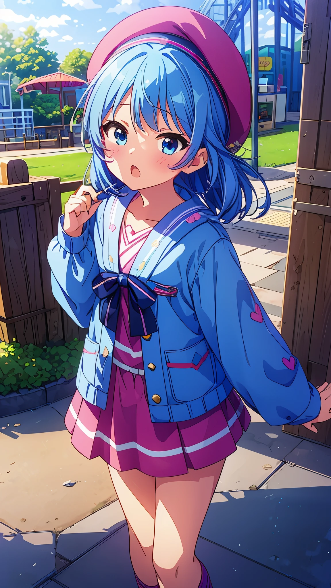 One girl only girl masterpiece、Superior image quality、超High resolution、blue hairs、blush、mock、Open your mouth a little、casual clothes、casual miniskirt、Wearing a small beret、japanese amusement park