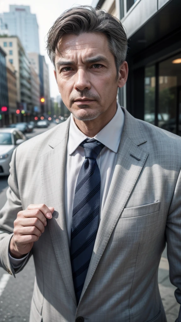 Create the image of a man approximately 55 years old, with short gray hair and a serious expression. He is dressed like an investigative reporter, Wearing a dark suit, A white dress shirt and a discreet tie. He is holding a notepad in his hand, while looking directly at the camera with a keen and determined gaze. The background setting is a slightly blurred urban environment, suggesting that he is on an important mission."