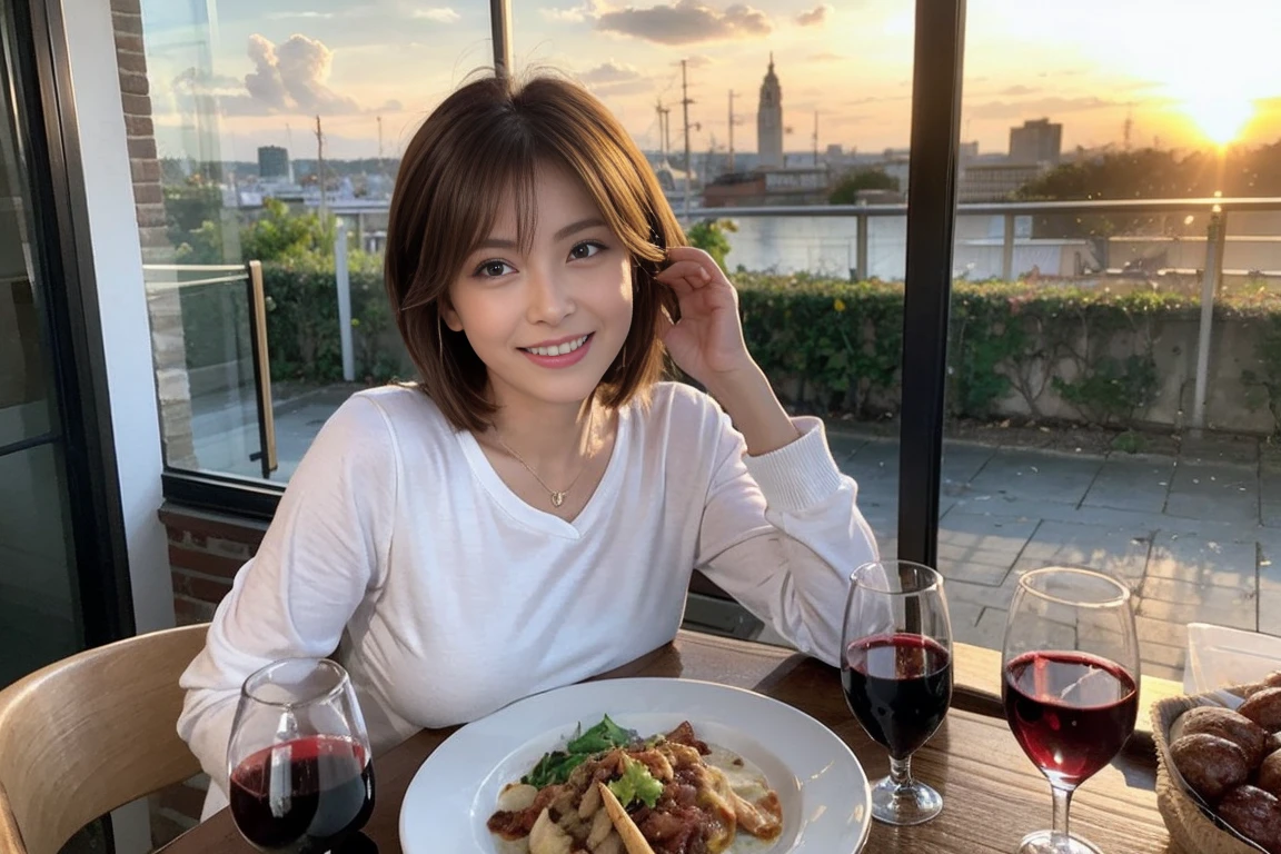 (Realistic:1.1),(masterpiece,Highest quality),8k,(56 years old), 53 years old, ベリーslimボディ、slimカップル、Tight waist,Upper Body,full-course dinner、wine 、Amazing view of the sunset sky and clouds、Perfect Anatomy, Brown Hair, short hair,Random Hairstyles,((Highly detailed face and eyes:1.2)),Perfect golden ratio face,Long sleeve shirt、dress,(smile:1.2)、Shortcuts、cute、(Realistic, Intricate details:1.2), A bright smile、short hair,Bright Face、赤wine 、Appetizers、Italian food、wine bottle、Champagne、スパークリングwine、(slimな顔), (The body is slim), (Brown Hair), (Shortcuts), Upper Body, 白wine, slim, wineグラス,