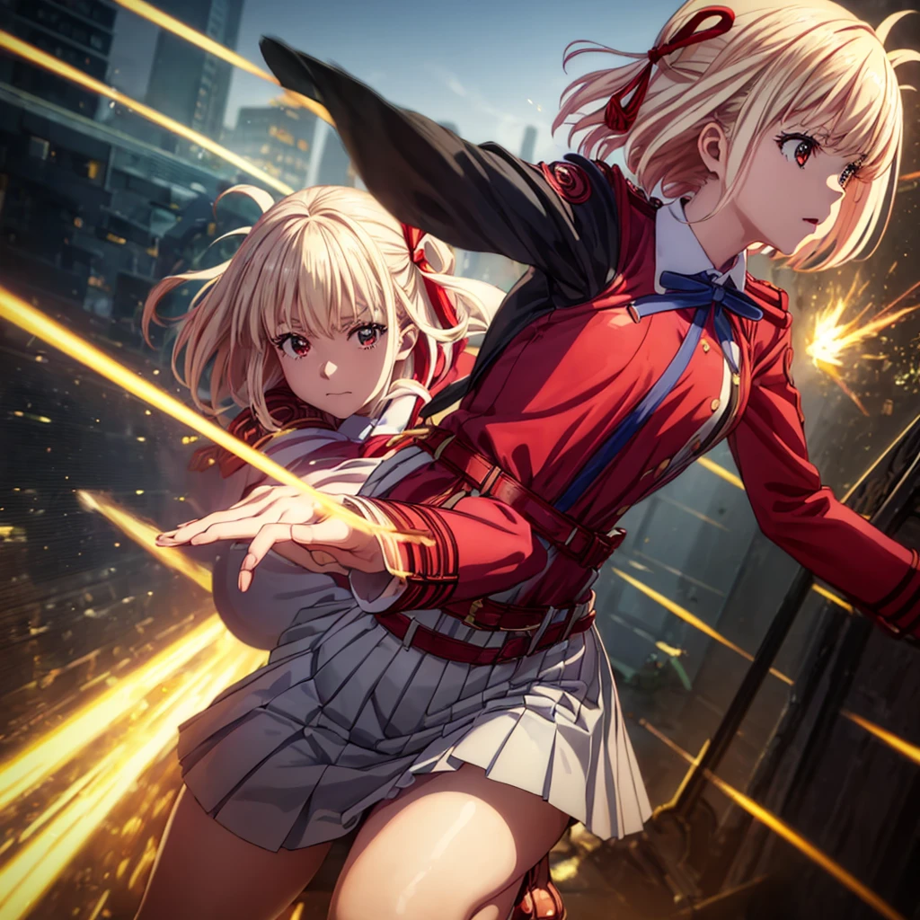 masterpiece, illustration, 8k, best quality, (((chisato nishikigi))),big breasts, ribbon,red_eyes,blond hair,short hair, hair _ribbon,, (lycoris uniform, two-tone dress, grey dress, pleated dress, belt, Red belt, neck ribbon, blue ribbon, long sleeves,) smile,bishoujo,beautiful detailed hair,beautiful detailed eyes,beautiful detailed skin,glistening shiny sparkling skin,4D Cinema, unreal engine,depth of field, illustration,amazing、Girl shooting gun, (muzzle explodes), ((looks into sight)), closes one eye, finely drawn 、Magnum, bulletproof suit, (side view), syncs body orientation and gaze, one knee crouching, serious expression, Tracer, (((burning city, bio)))、Combat Ready、(((crowd)))、(((jump)))