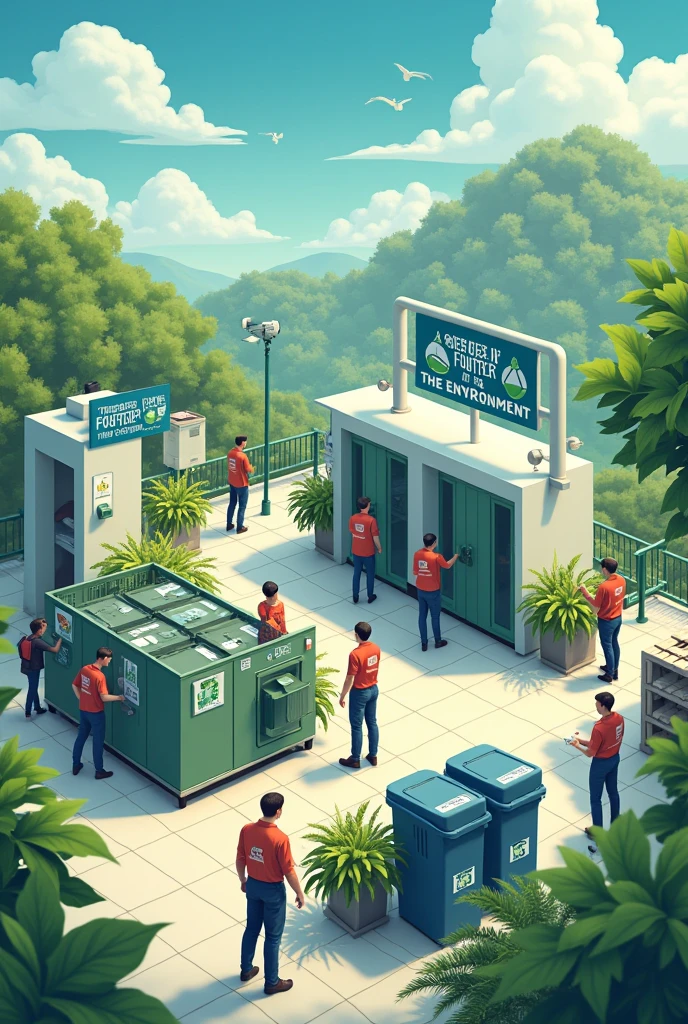 Create a realistic image for the sanitation area with the idea of this phrase TOGETHER WE GO FURTHER FOR THE ENVIRONMENT