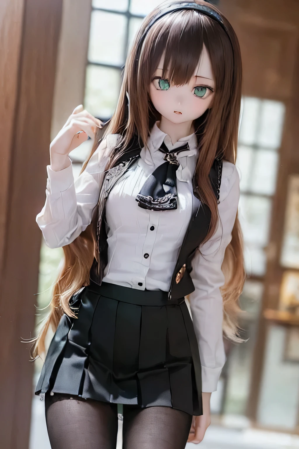 (SFW:2), photorealistic, realistic photo, 8k, ((highest quality)), ((masterpiece)), (extremely detailed), kukolnydom, doll, (mature woman, 21yo, 21 years old, solo:1.6), ((cowboy shot, contrapposto, slim, slender, skinny, medium breasts, hairband, ascot, vest, dress shirt, pleated skirt, black pantyhose)), (green eyes, brown hair, long hair, plastic skin, looking at another, glass eyes, gradient eyes, shining eyes, detailed eyes:1.3)