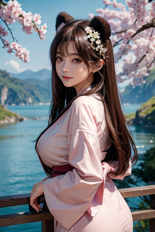 One person, One personで, Long Hair, Pink Eyes, Brown Hair, Long Hair, High resolution, masterpiece, Highest quality, High resolutionモデル, bangs, Large Breasts, Large Breasts, Large Breasts, smile, Asia,Butt,Butt突き出し,kimono, Chubby, Plump,Panda Ears, High detail, Panda tail,