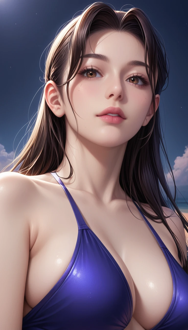 score_9, score_8_superior, score_7_superior, High-resolution CG illustration,A masterpiece in 32K resolution,Highest quality,it is really amazing,Very detailed,Ultra-high resolution,Ultra-realistic,Realistic,Increased depth of field,Cinematic lighting,
Sexy mature Japan woman,
Straight long hair with black hair,Ultra-detailed and beautiful face,Calm and gentle look,Beautiful brown eyes,Translucent white skin,Realistic skin texture,Great proportions,
Elegant swimwear,
Artistic design,Chic color scheme,Detailed fabric texture,
Dark overcast sky on a dull night,Dark clouds filling the sky,Thundercloud,Coastline at night,Stormy seas,delay々A desolate sandy beach that continues,
Cinematic,Low - Angle,