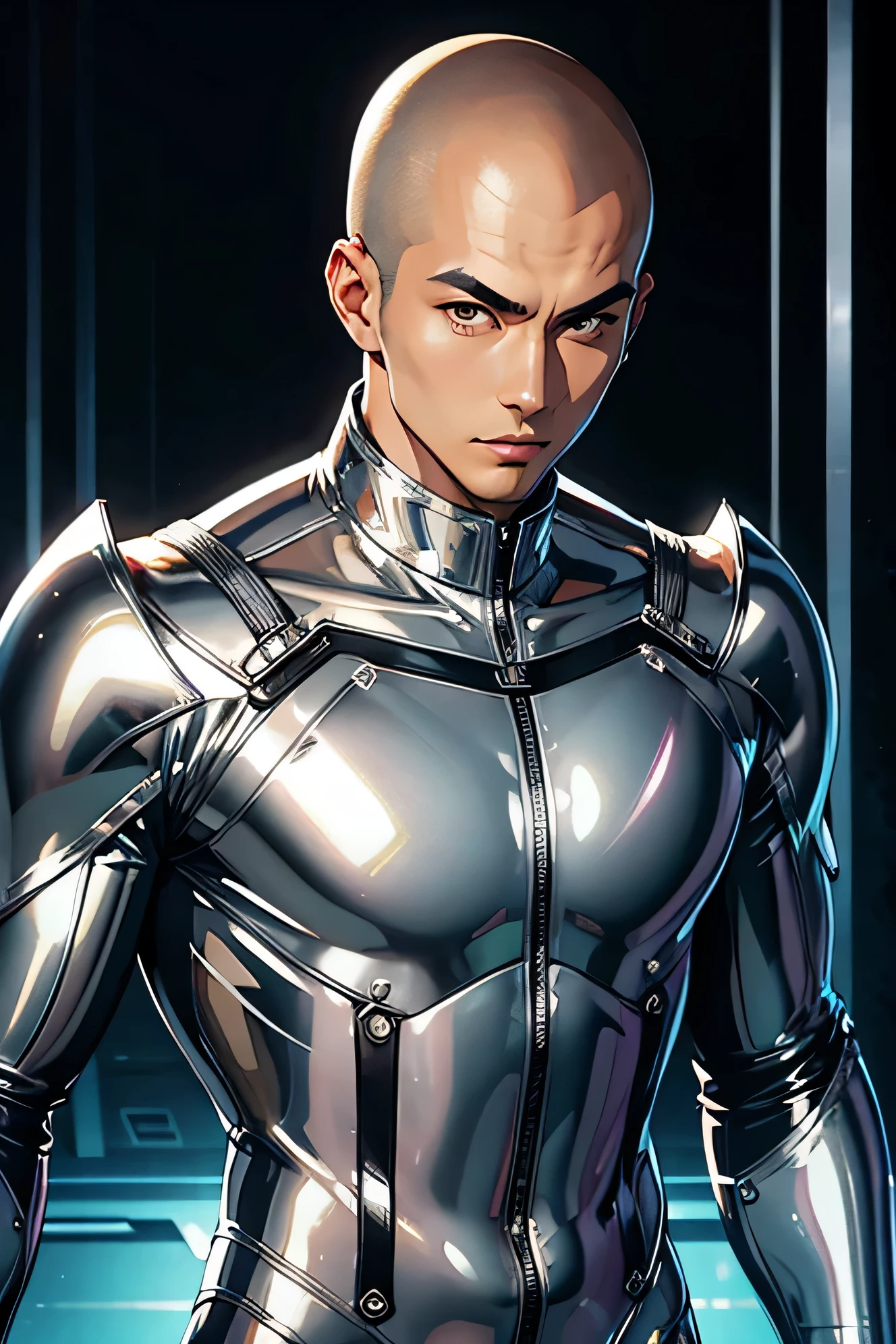 Handsome Japanese male models　　Black Hair　　 Shaved head　　looking at the camera　Shiny full-body silver suit　　　Shiny silver latex suit　　　future　Metal Body　　 Upper body close-up