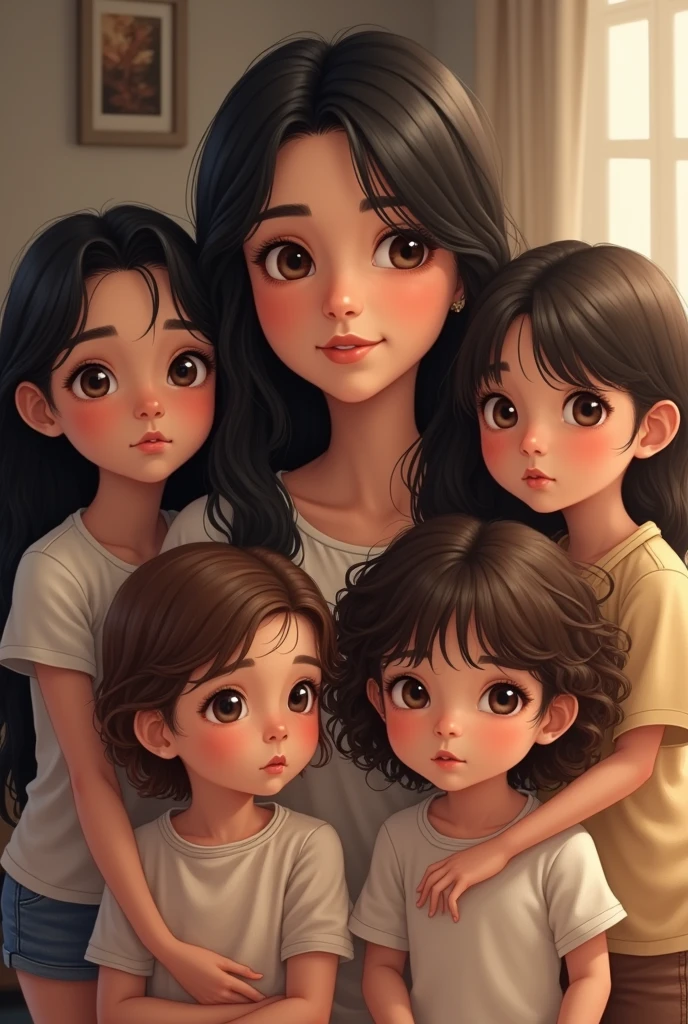 Mom with long, straight black hair and a teenage daughter with long, wavy brown hair, plus a four-year-old son with short straight black hair and a one-year-old daughter with brown curly hair 