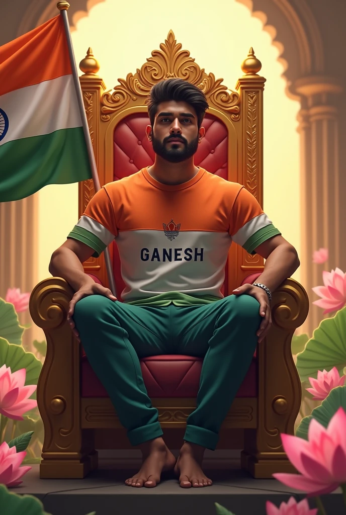 create a 3D illustration of a 30 year old man sitting on a kings chair and has Indian flag in his hands and Name 'GANESH' is written on the boy's t-shirts and t-shirt colour was Indian flag colour, image features with lotus Divine background.