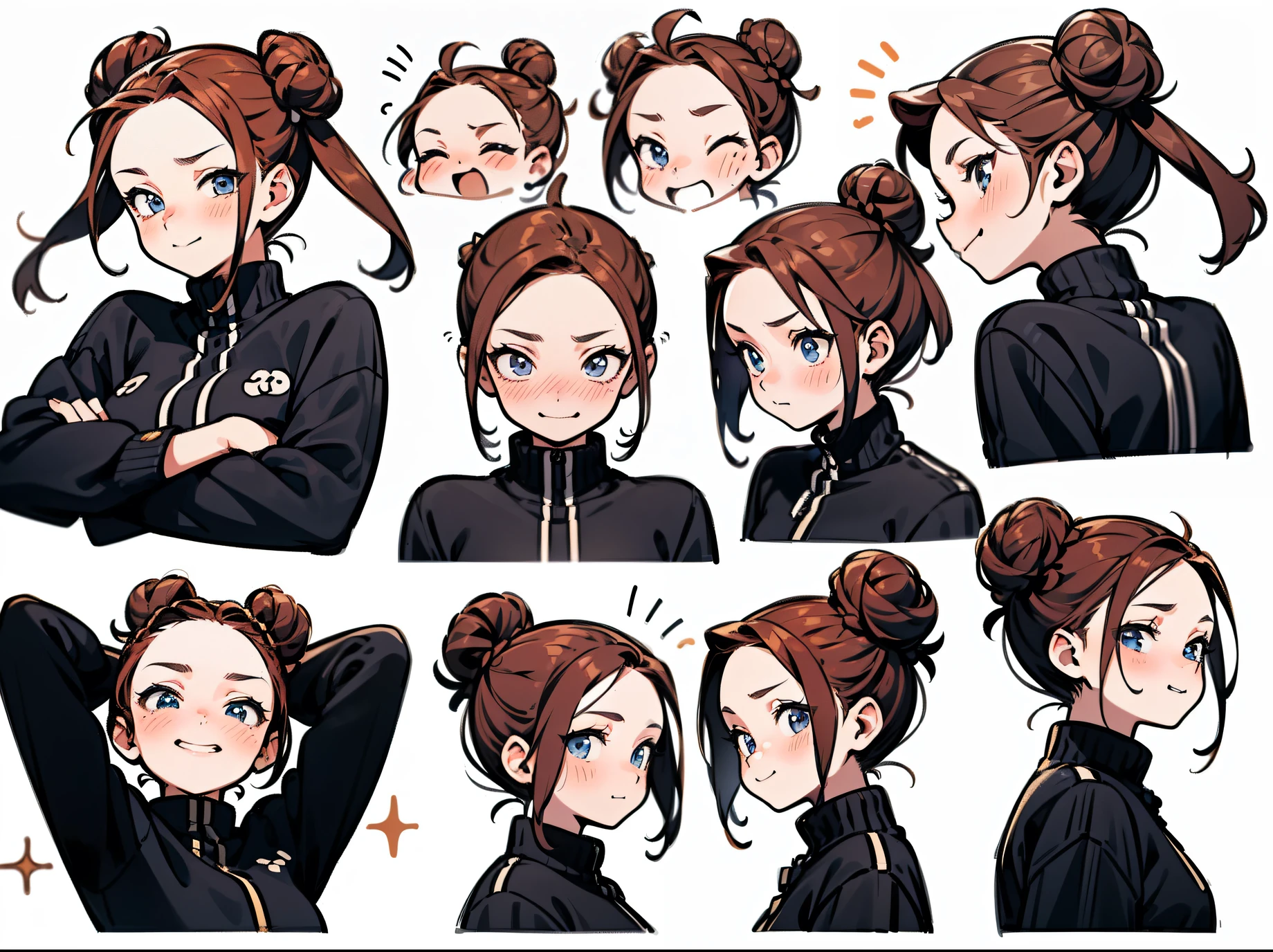 21 years old, Red-haired girl, armpit hair length (((Smiley Face, Flirting face, Excited face, Excited face))) Jeans and tight tops, ((Bun hairstyle)) (((Detailed character list, Front view, side view, Three-quarter view))) (((White background)))