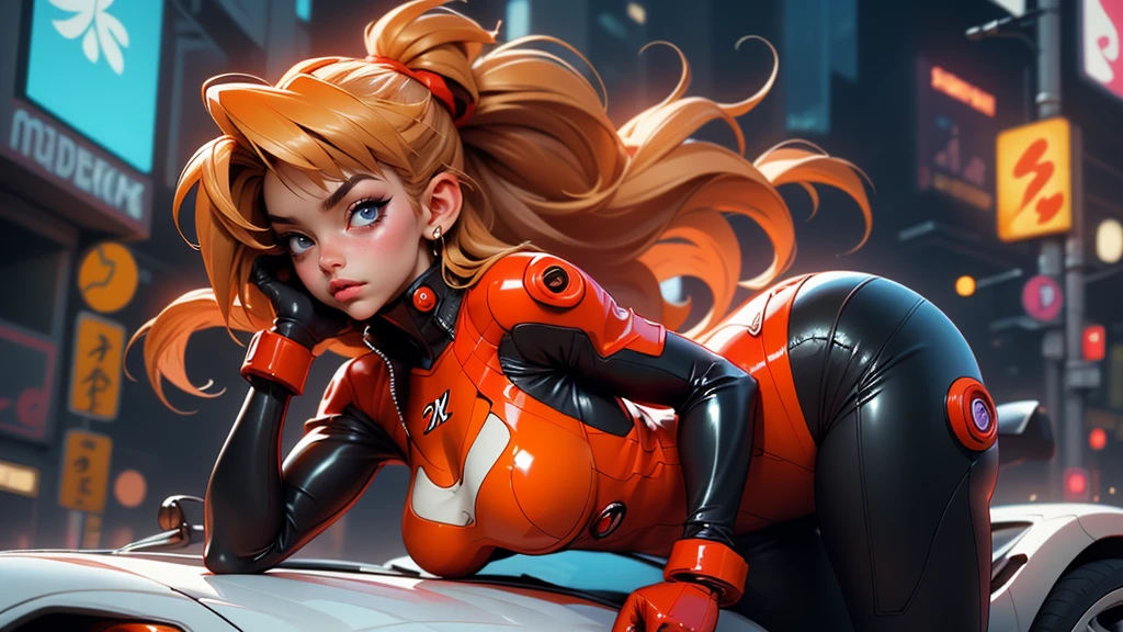 (rear view, backside view),((The best quality, better resolution, Award-winning portrait, official art)), ((perfect masterpiece)), ((realist)) and ultra detailed photography of a nerdy cyberpunk souryuu asuka langley girl with gothic and post apocalyptic colors.. She has ((long blonde hair)), carry a (Harajuku inspired cyberpunk tech top) and a (Harajuku inspired cyberpunk tech clothing bottom:1.2) , ((the most beautiful and sexy aesthetic)), sexy, Super huge hugely giant, cleavage showing, hot,(souryuu asuka langley latex bodysuit:1.4),detailed eyes, detailed hands,