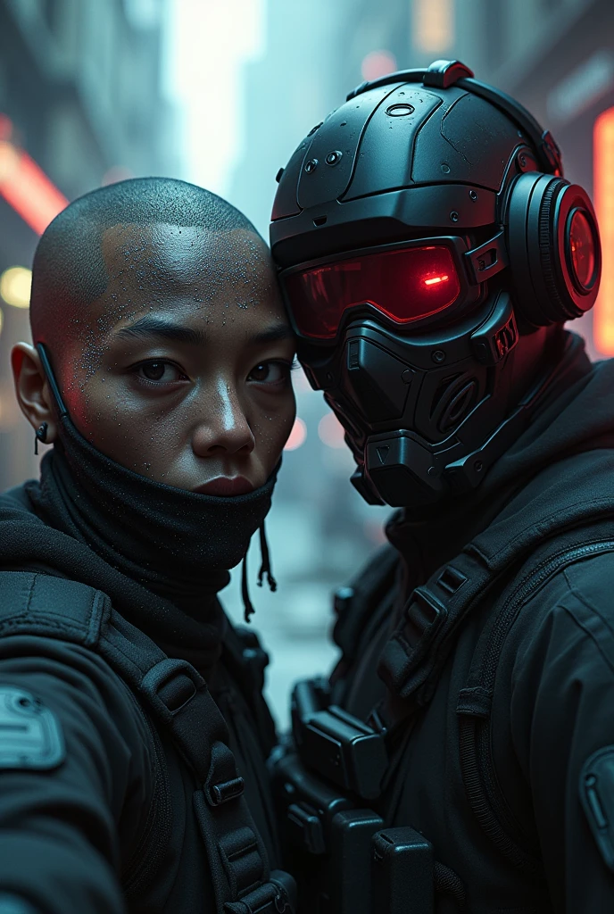 Skin with a spark, wearing a mask and a bandana over their eyes in Warzone, taking a selfie with a man wearing a night vision mask.
