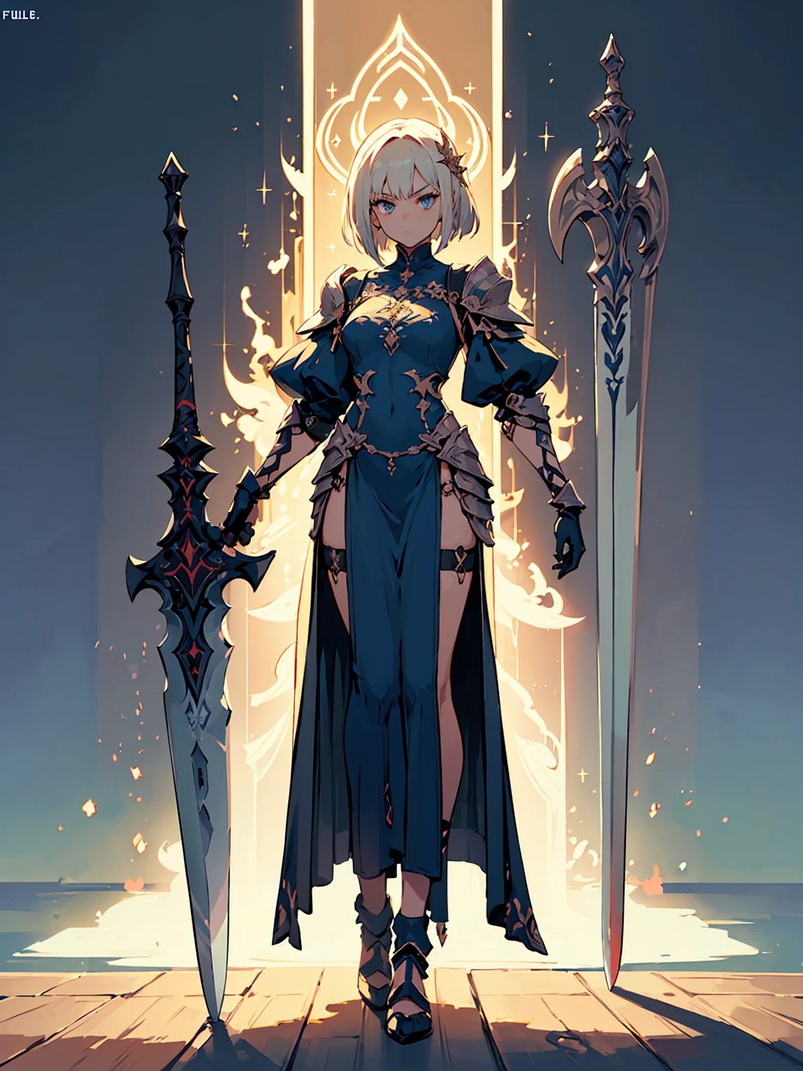 Design a layout showcase Gaming character, (1girl). Golden+Purle clothes, stylish and unique, ((showcase weapon:1.4)), magic staff, (masterpiece:1.2), (best quality), 4k, ultra-detailed, (Step by step design, layout art:1.5), (luminous lighting, atmospheric lighting), magican, ((glove full hands)), (((revealing clothes:1.3))), vambraces, armored legwear, (((full_body_shot:1.4)))