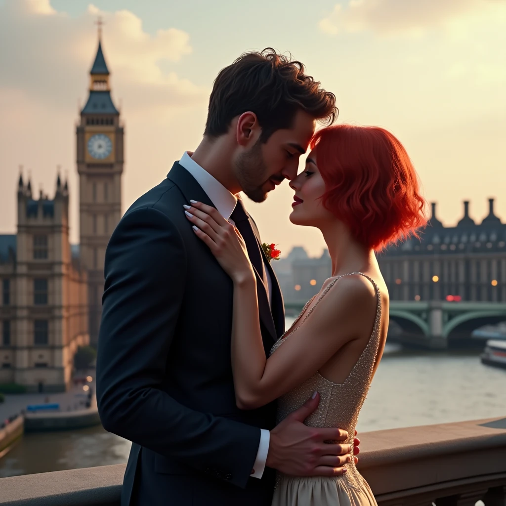 A man and a woman are dancing on a meadow of red flowers, sun sunset, Irish Man, Campoflorescente, Dandelion floating in the wind. Characters face looks realistic