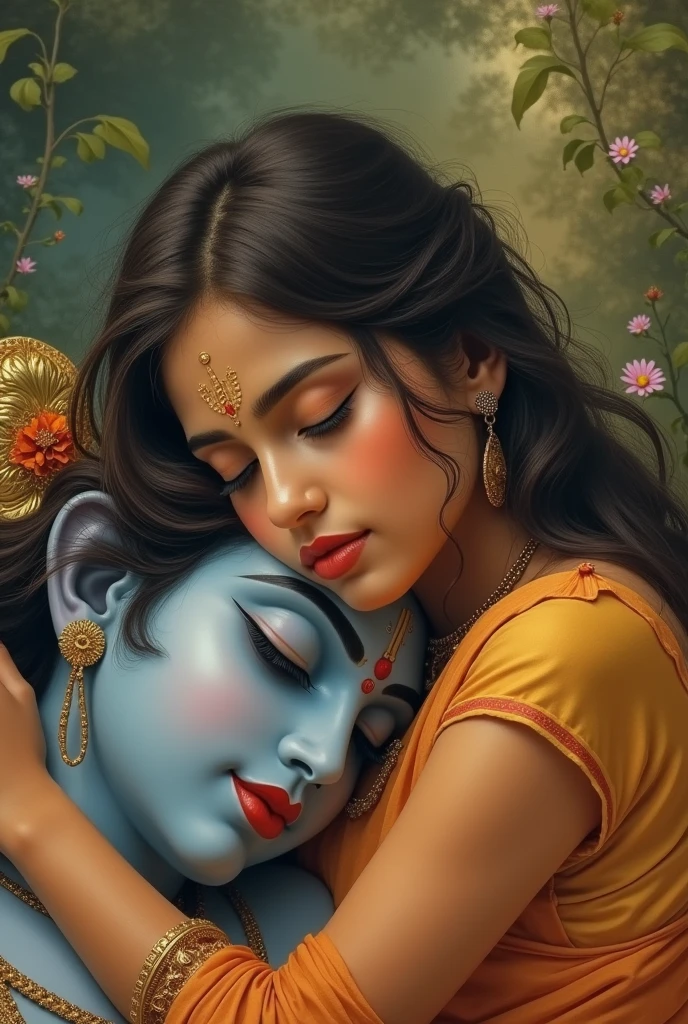 Create a image of a sad man who sleeps in lap of loard Krishna 