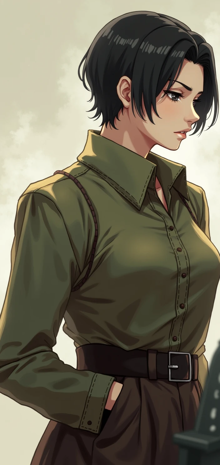 Young woman, emotionless face, Very short black hair, black eyes, anime art, realistically, masterpiece