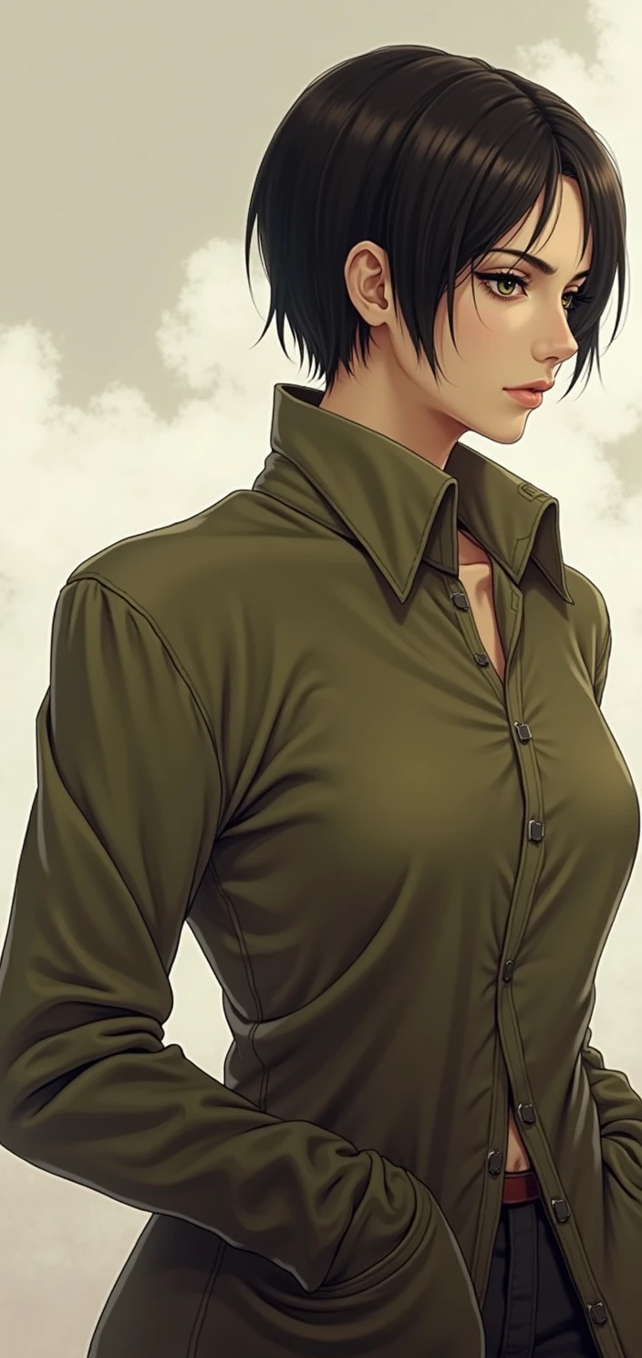 Young woman, emotionless face, Very short black hair, black eyes, anime art, realistically, masterpiece
