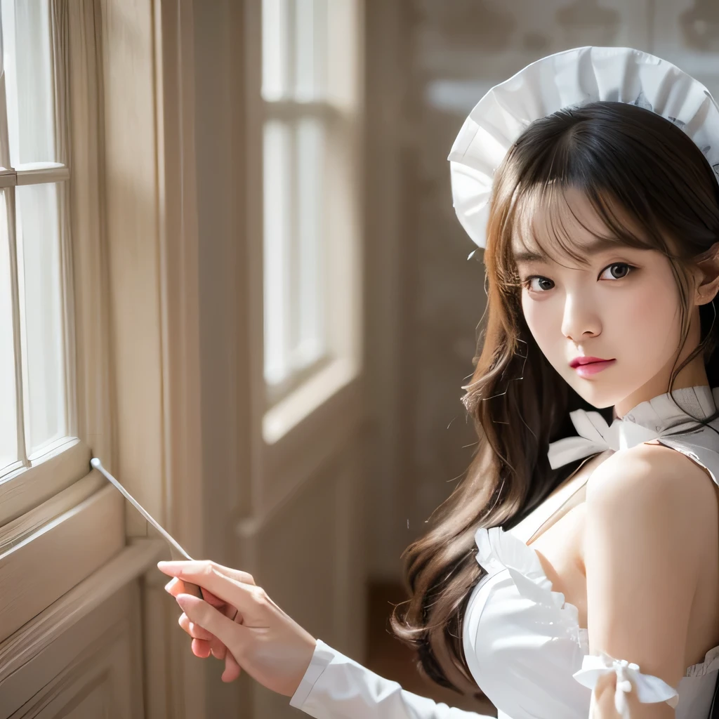 (hyperRealistic), (High resolution), (8k), (Very detailed), (Beautiful attention to detail), (Highest quality), (Very detailed), (masterpiece), (wallpaper), (Detailed face), alone, (Dynamic pose), 1 person, White wavy hair in the kitchen, Korean, Maid Girl, Black and white maid outfit, Realistic,whole body, Long legs, Turned back