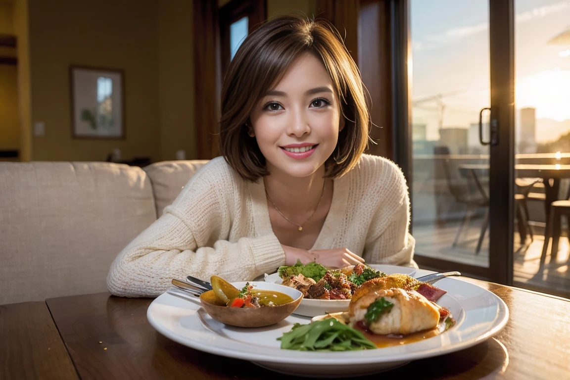 （Realistic:1.1）,(masterpiece,Highest quality)，8k,(49 years old), 53 years old, ベリーslimボディ、slimカップル、Tight waist,Upper Body,full-course dinner、wine 、Amazing view of the sunset sky and clouds、Perfect Anatomy, Brown Hair, short hair,Random Hairstyles,((Highly detailed face and eyes:1.2))，Perfect golden ratio face，Long sleeve shirt、dress,(smile:1.2)、Shortcuts、cute、(Realistic, Intricate details:1.2), A bright smile、short hair,Bright Face、赤wine 、Appetizers、Italian food、wine bottle、Champagne、スパークリングwine、(slimな顔), (The body is slim), (Brown Hair), (Shortcuts),  Upper Body, 白wine, slim, wineグラス, 