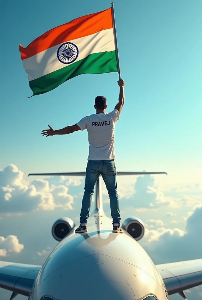 Create an image of a man holding Indian flag and his back side of t shirt write a name PRAVEJ and the man is on The roof of airoplane 