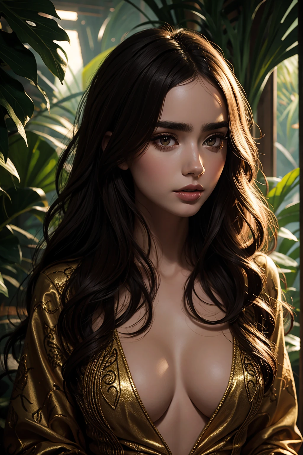 portrait Lily Collins, wearing cheetah costume, against the background of the rainforest, character portrait, 9 3 9 0 s, wavy hair, intricate, elegant, highly detailed, digital painting, artstation, concept art, smooth, sharp focus, illustration, art by wlop, charlie bowater and alexandra fomina, 36k, glittering, shining