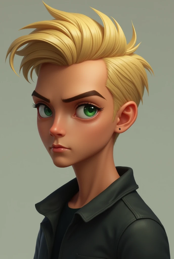Create a person with a square head,greeneyes,brown skin and blonde hair (Male gender)