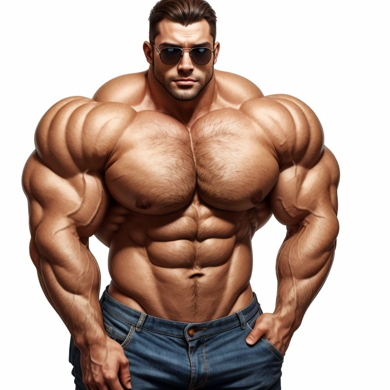 brutalmass, Bulge, bodybuildernymph, a very handsome young man, sunglasses, shirtless, exaggeratedly muscular, on a white background