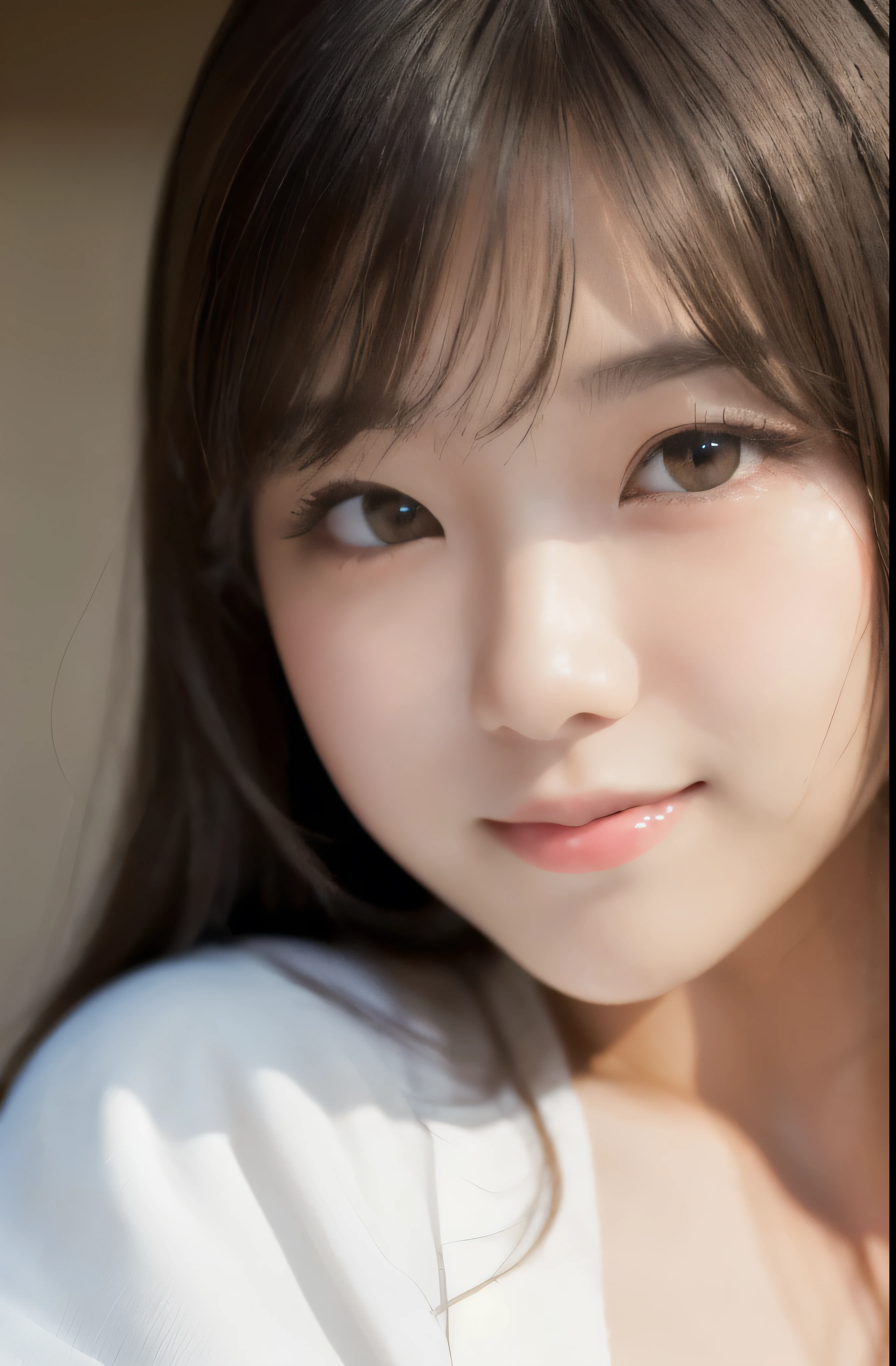 best quality, face focus, soft light, ultra high res, (photorealistic:1.4), RAW photo,(Shinozaki Ai), white skin, kawaii, 1 Japanese girl, solo, cute, (smile), (pupil, lights in the eyes),  detailed beautiful face, Medium-sized breasts,(high resolution detail of human skin texture),(long hair),(portrait), upper body, white traditional kimono