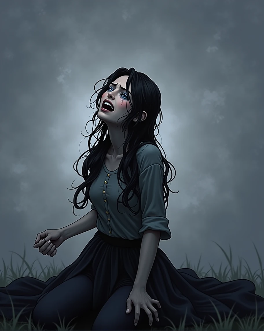 Young woman, Black long hair, Blue eyes, crying a lot, screams in pain,