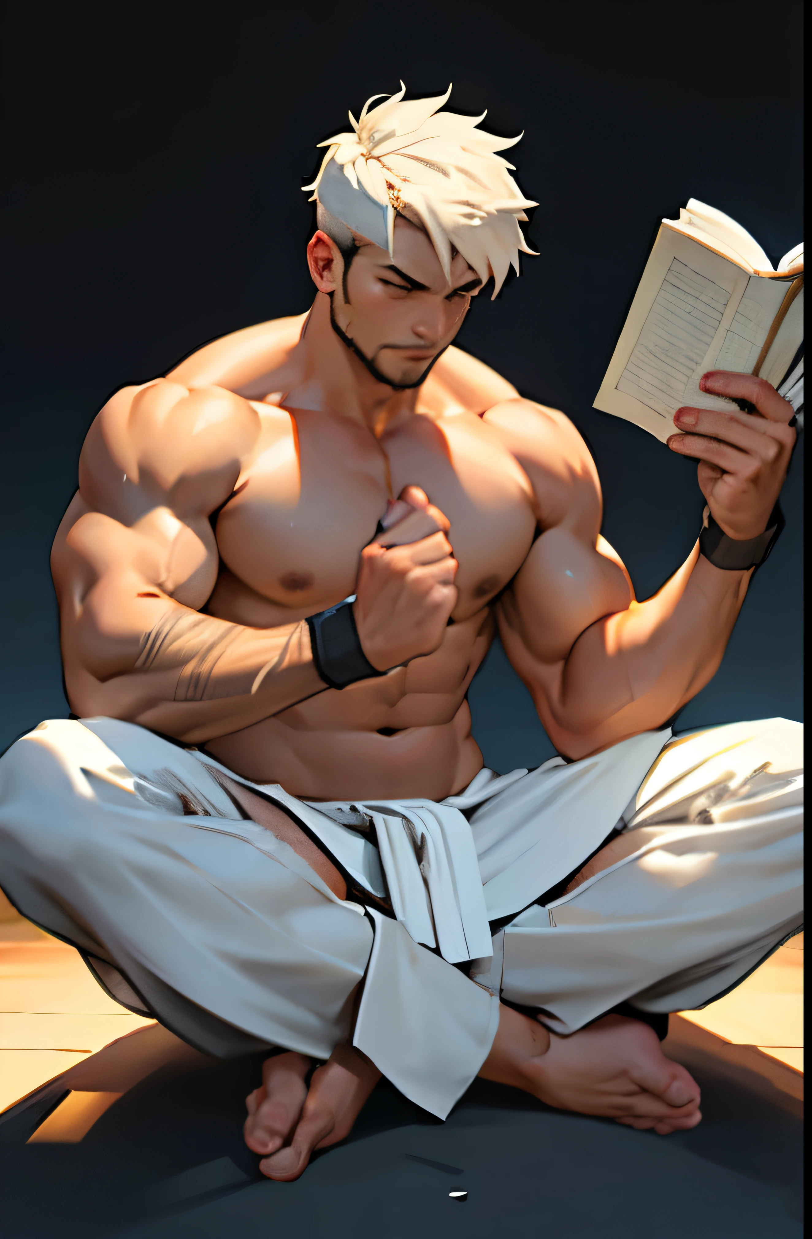 create a scene in which a bodybuilder with cuts focused religious oe doing yoga "Men" wearing only tracks or dhoti sitting and concentrates . some books are around him in air
create more like illustration more dark and anime type.create which suitable and n best to set on my website book selling landing page ..for attractive interaction