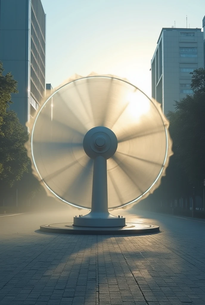 Mysterious Fog, Tokyo at dawn, hot summer, giant bladeless fan placed on a pedestrian roundabout to cool the city, frost dancing around, and a landscape that shakes due to temperature differences,
